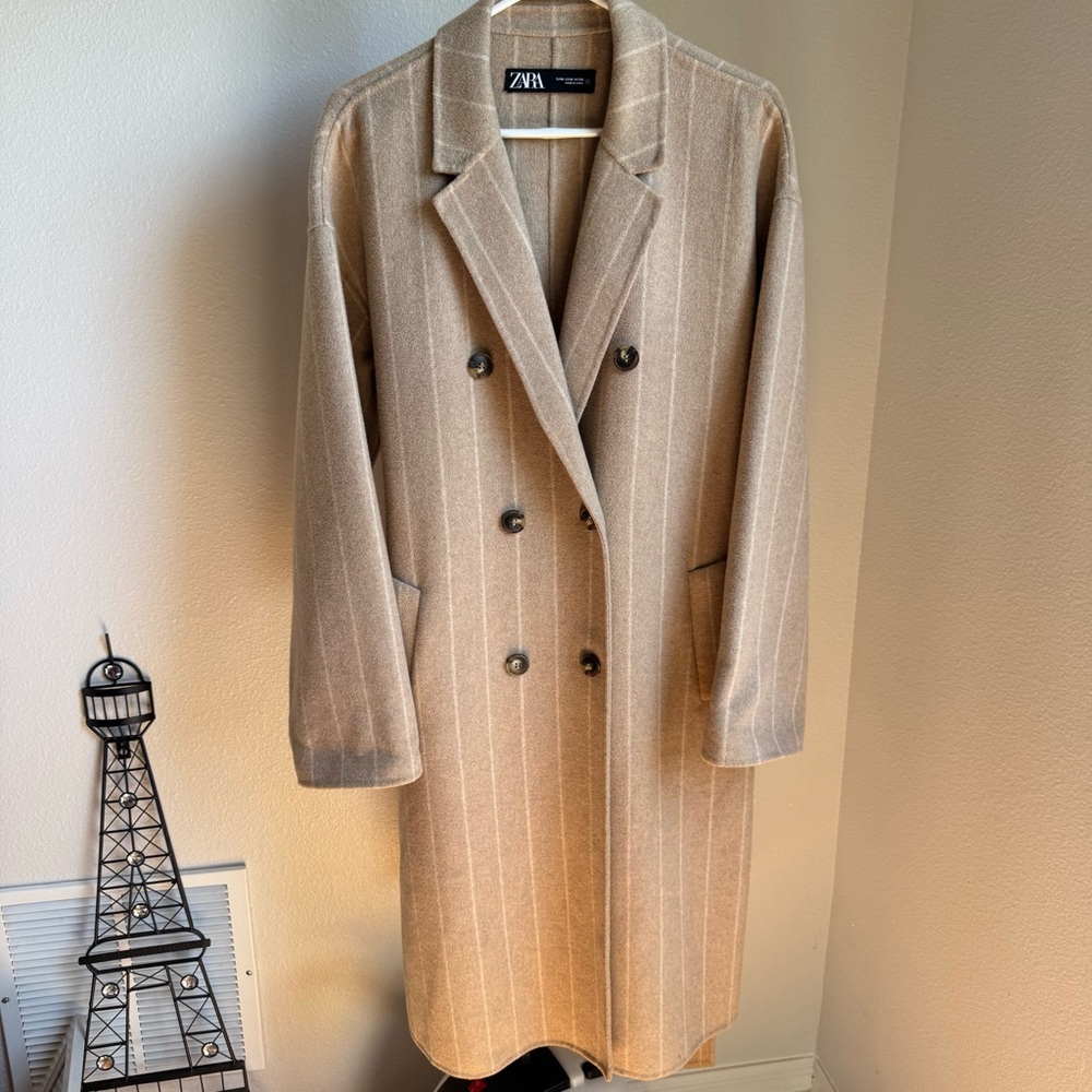 Zara Long Teddy Stripped Coat Wool Blended Trench Sz M - Picture 7 of 14